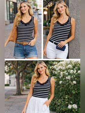 Lauren Ralph Lauren Black & White Striped Lace-Trim Tank